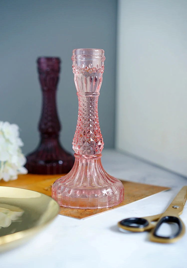 Vintage Gilian Glass Taper Candlestick Holders Pair Pink Purple For Home Table Wedding Party Decoration Diamond Facets Pattern