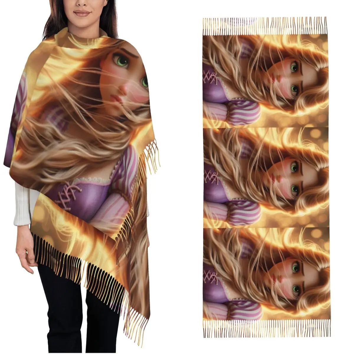 Womens Tassel Scarf Tangled Princess Rapunzel Long Winter Warm Shawl and Wrap Beauty Cartoon Cute Gifts Cashmere Scarf