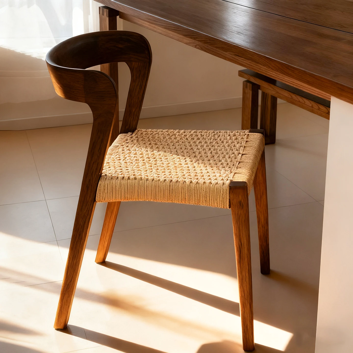 HYS French medium and retro solid wood rattan dining chair coffee stackable rope woven backrest bedroom makeup stool
