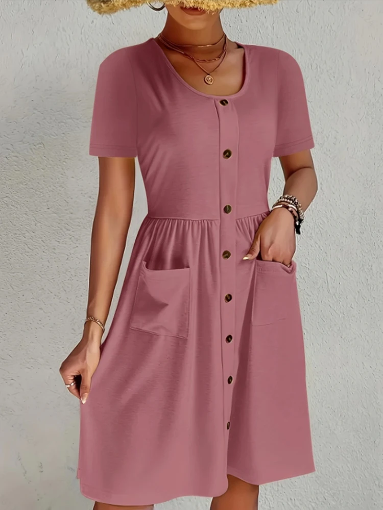 Women Short Sleeve Shirt Dress With Pockets Elegant Dresses Temperament Short Sleeve Skirt 2025 Fashion New Arrival Hot Sale