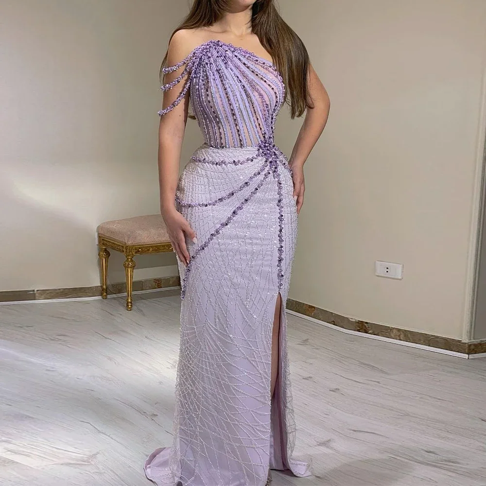 Customized Prom Dress Dresses High Quality One-shoulder Strapless Mermaid Celebrity Beading Tulle s Formal Occasion Evening Gow