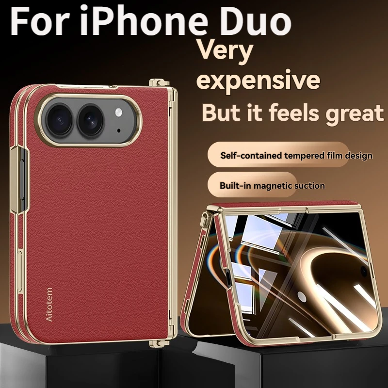 Full-Coverage Nappa Leather Case For iPhone Duo with Duo Fold Built-in Magnet Front Glass Film Shockproof Protection