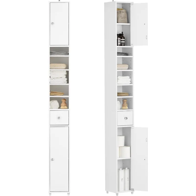 Bathroom Narrow Storage Cabinet Skinny Tall Unit with Adjustable Shelves Slender Anti-Tipping Floor Standing Cupboard