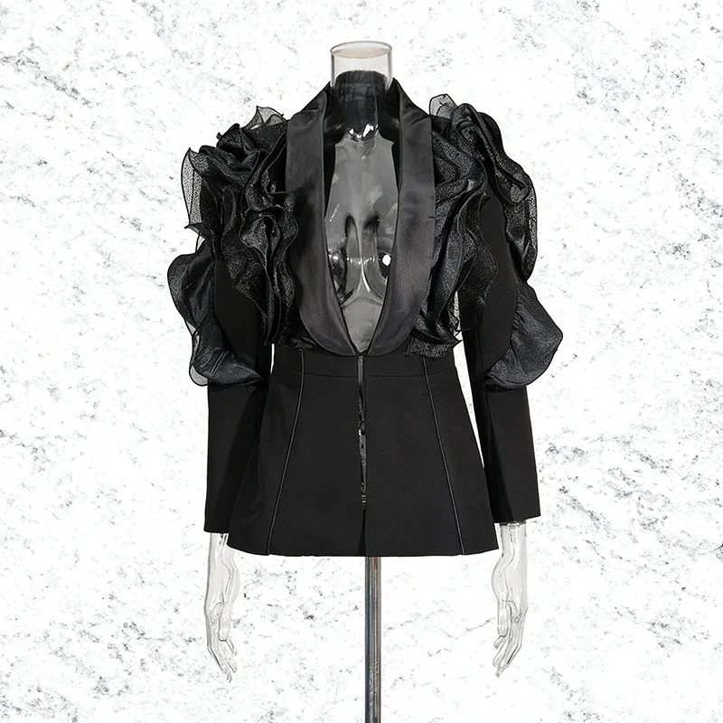 ZAMOR HIGH END Australian Show Style Sexy Blazer 2026 New 3D Ruffle Spliced Deep V-Neck Unique Design Blazer Women's Outerwear