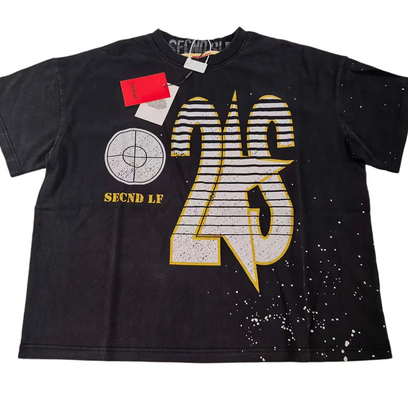 SECND SLF Short Sleeve American Stripe Star Target Print Washed Men Women High Street Short Wide Silhouette Cotton T-Shirt