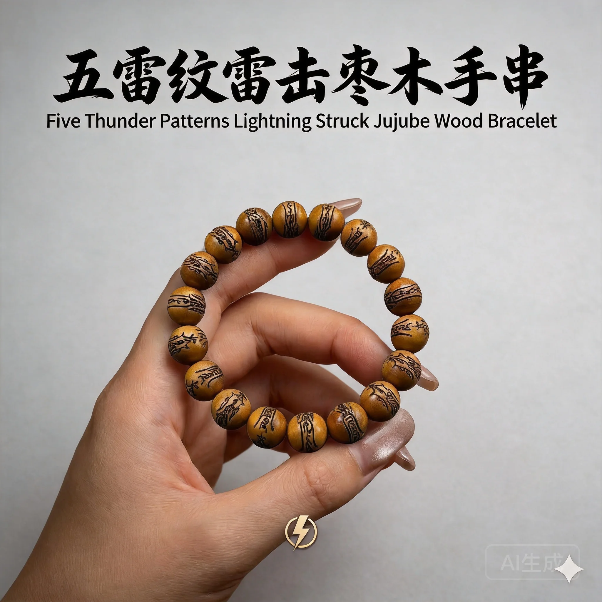 Chinese Style 12mm Thunder Struck Jujube Wood Beaded Bracelet Engraved Taoist Mantra Lucky Prayer Blessing Wrist Jewelry For Goo