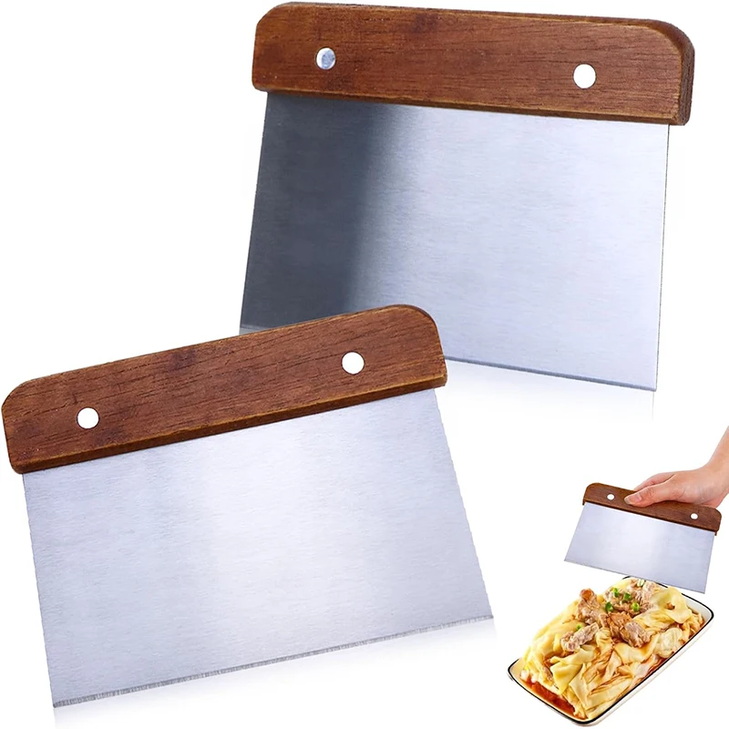 2Pcs Stainless Steel Dough Cutter with Wooden Handle Multipurpose Baking Scraper Cutter Bread Pastry Pizza Cake Kitchen Scraper