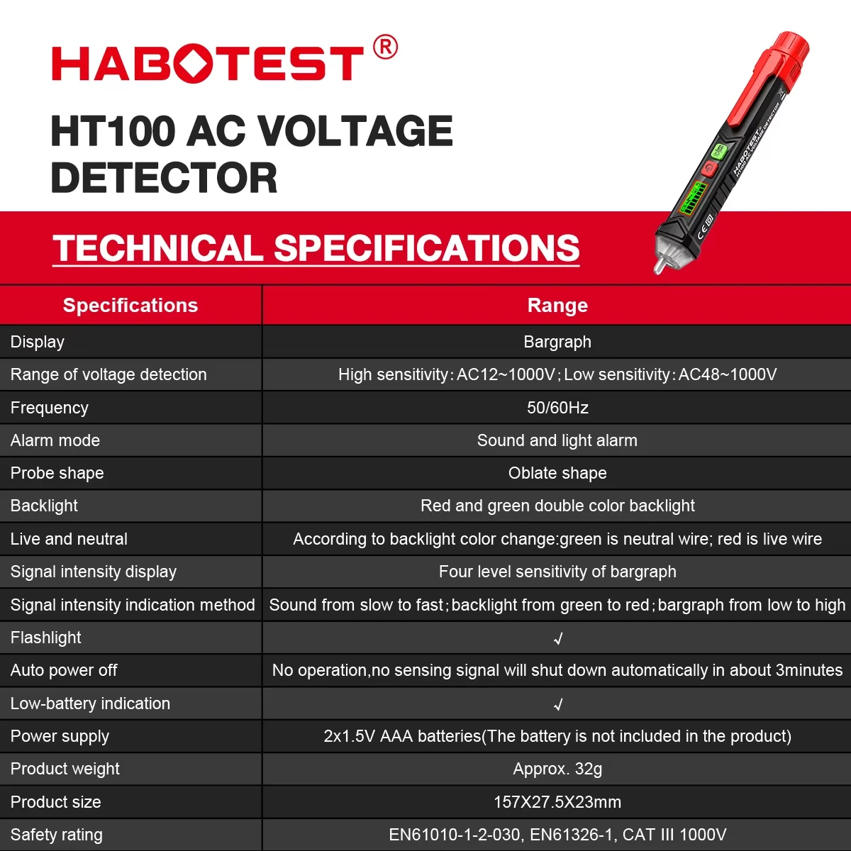 جهاز اختبار الجهد الكهربائي HABOTEST HT100 مع جهاز اختبار كهربائي مزدوج المدى AC 12V-1000V/48V-1000V مع شاشة LCD إنذار الجرس