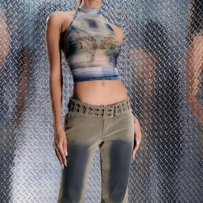 유럽과 미국 여성의 가을 섹시한 오픈워크 레트로 프린트 하이넥 홀터넥 스트랩 네이벌 베스트