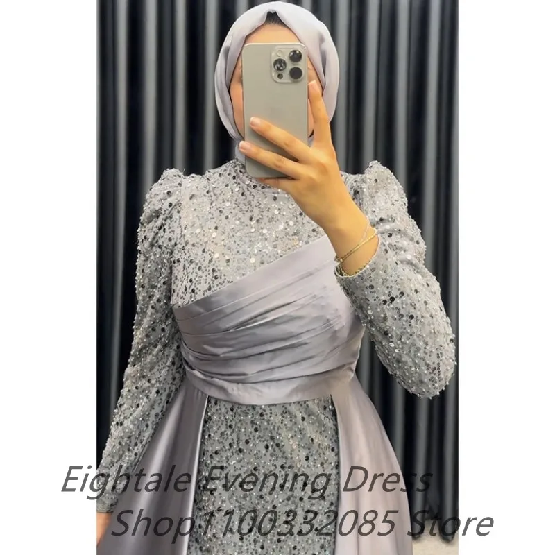 Eightale Gray Muslim Long Sleeve Sequin Evening Dress Abiye Scalf High Neck Dubai Prom Dress Formal Party Gown Vestidos de gala