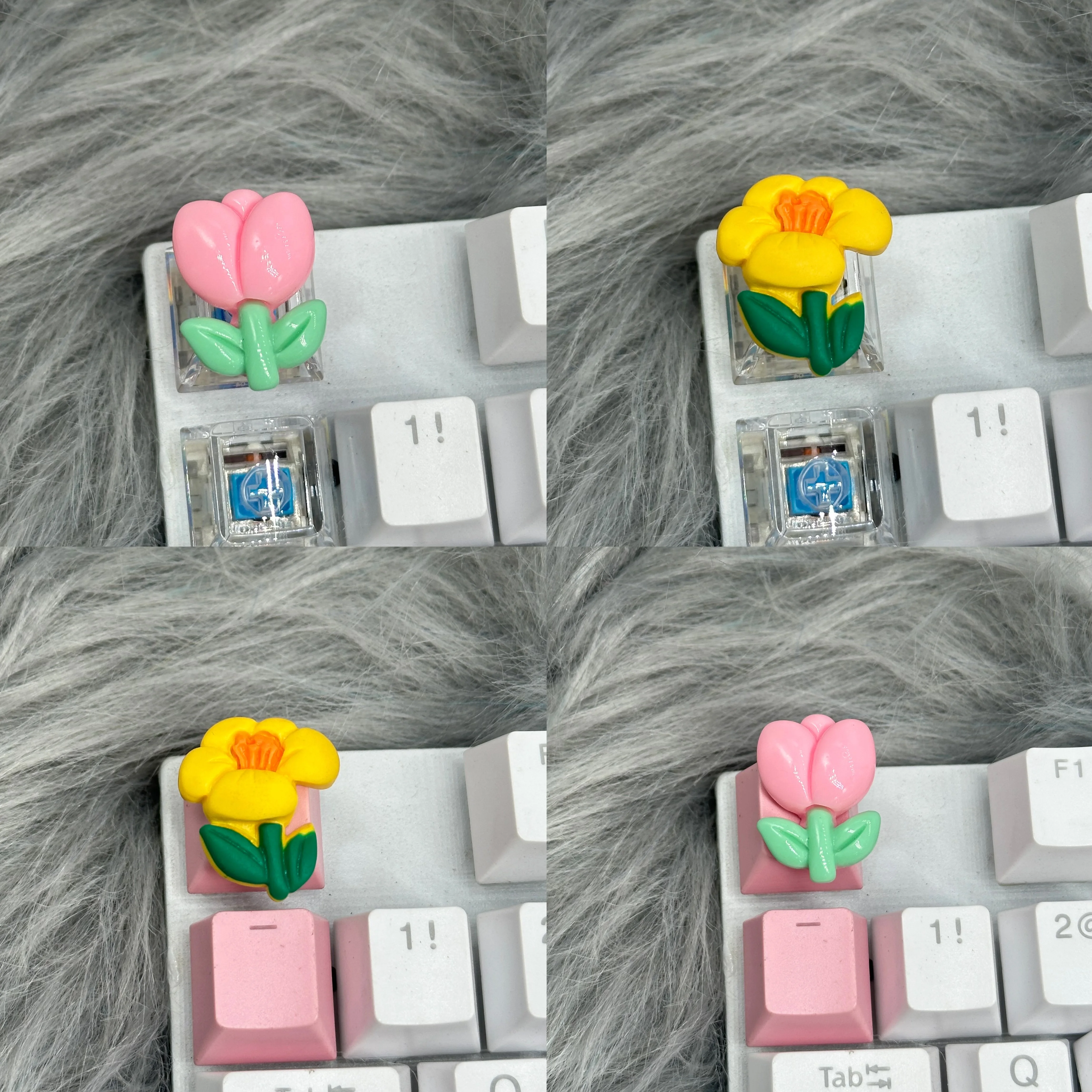 DIY Keycaps with Cute Flowers, Suitable for Semi Transparent Cross Mechanical Keyboards, ESC Semi Transparent Pink Keycaps