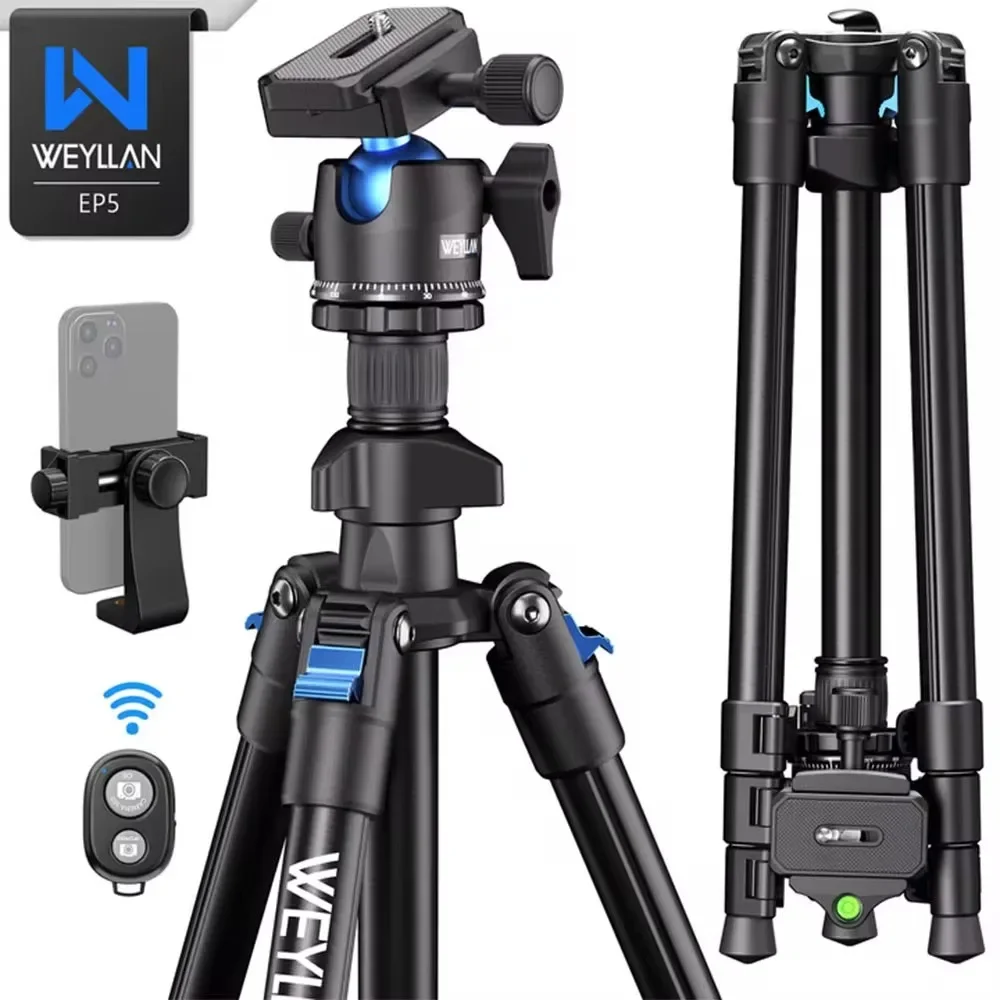 62.99in/163cm di altezza WEYLLAN EP5 treppiede portatile in lega di alluminio per fotocamera DSLR Canon Nikon 360 ° Panorama fotografia supporto per telefono