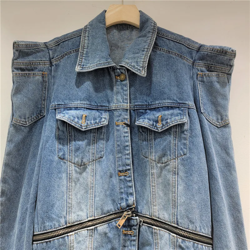 Niche Design Heavy Craft Denim Jacket for Women with Right Angle Shoulder Zipper Trendy, European American Style Women's Jacket