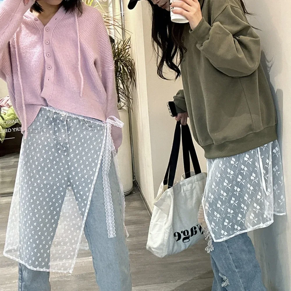 

Vintage Lace Splicing Harajuku Skirt Lace Layered Apron Lap Over Skirts Lace-up Gauze Skirt Women
