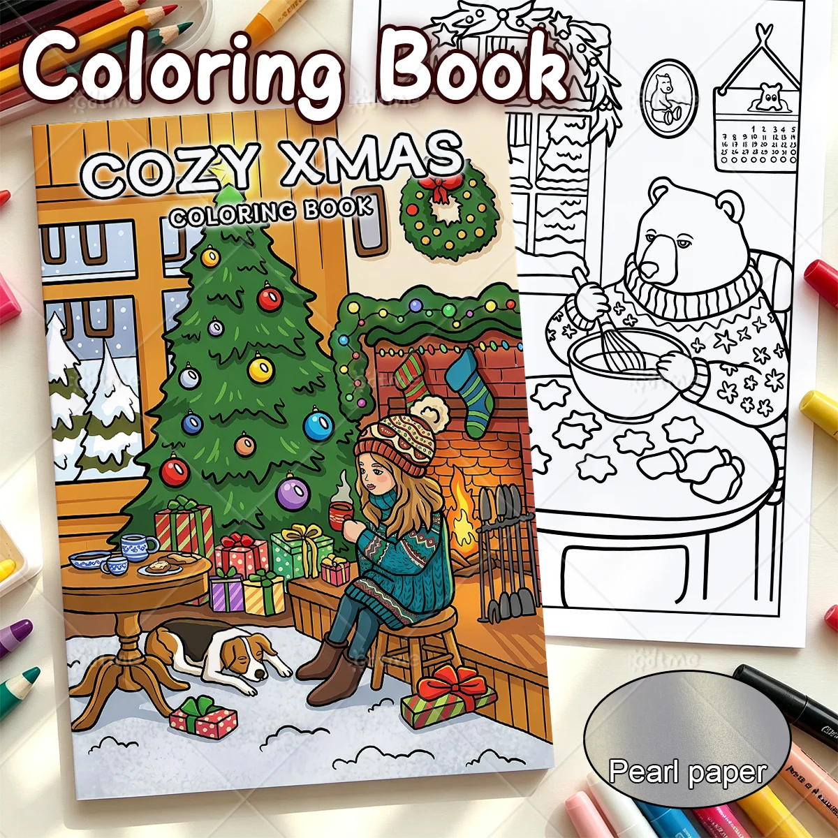 Cozy Xmas Coloring Book, Bold Easy Christmas Coloring Pages, Winter Cozy Home, Hot Cocoa Fireplace, Christmas Gift For Adults