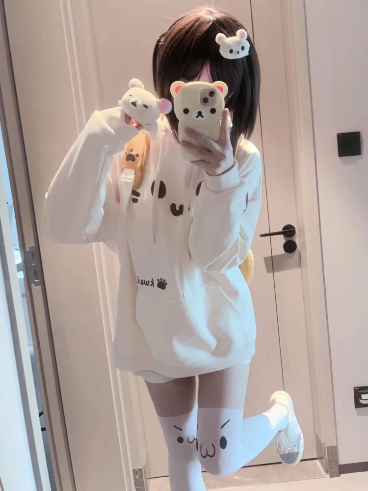 Y2k Aesthetic Kawaii Cat Print Hoodies Harajuku Drawstring Sweatshirts Grunge Pockets Women\'s Top Japanese Sudaderas Para Mujer