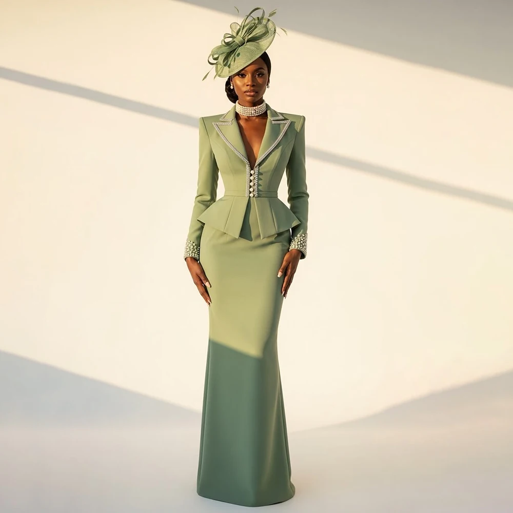 Customized Green Two‑Piece Formal Suit Long Sleeve Beaded Peplum Jacket Mermaid Long Skirt Elegant Church Mother of Bride Outfit