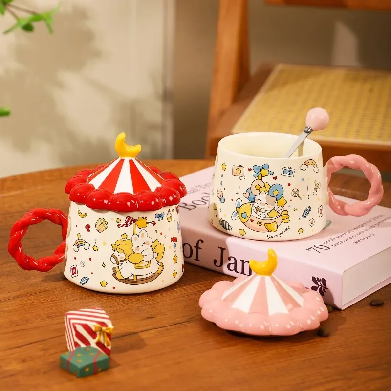Carousel Ceramic Coffee Cup with Lid Delicate Afternoon Tea Flower Tea Coffee Cup for Home Breakfast Drinks Mug Birthday Gifts