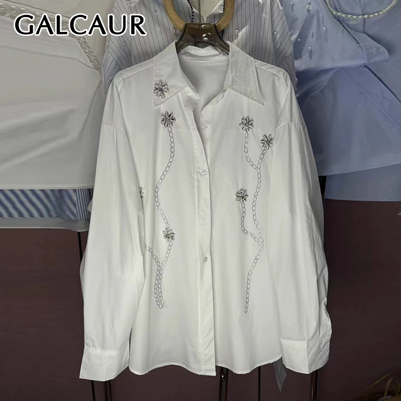 

GALCAUR Solid Slimming Spliced Diamonds Blouse for Women Lapel Long Sleeves Patchwork Single Breasted Elegant Top Female Style