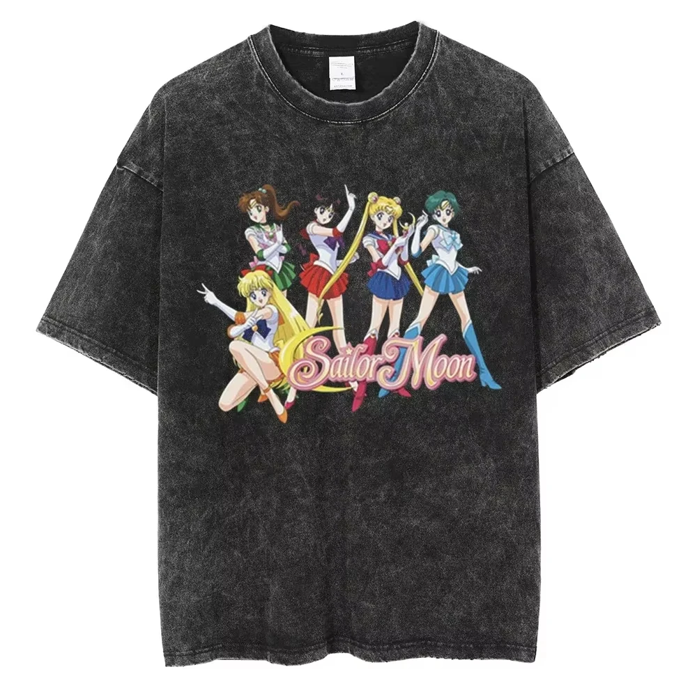 

Sailor Moon Anime Printed Washed T-shirt Summer New Men's and Women's Loose Casual Retro Trendy Short Sleeve Top