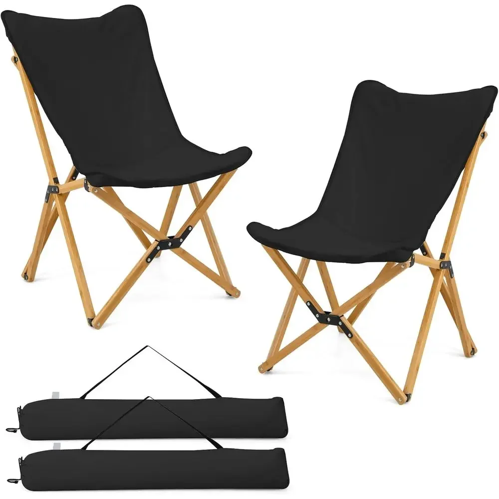 

2-Piece Portable Folding Bamboo Lawn Chairs with Canvas Seats, Backpacking & Beach Travel Chairs, Carry Bag Included