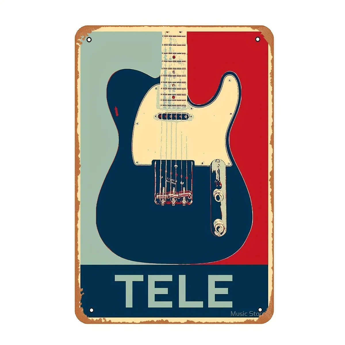 Vintage Telecaster Electric Guitar Metal Sign, Iron Wall Hanging Decor, , Pre-Drilled, Waterproof, Weather Resistant, with Engli