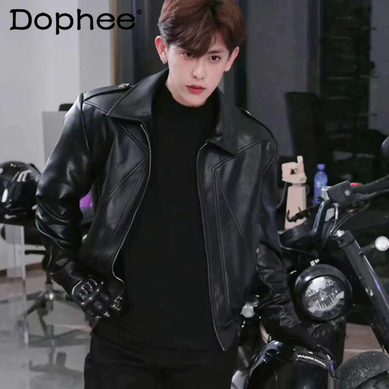 

2025 Autumn Winter New Stylish Jackets Men's Faux Leather Motorcycle Jackets Masculinity Handsome Solid Color Faux Leather Coats