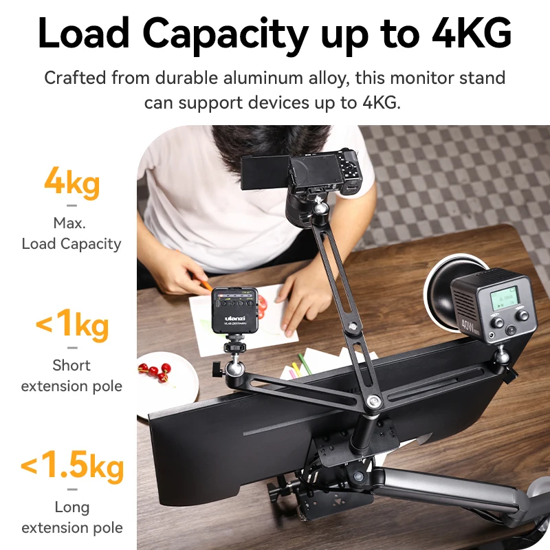 Adaptador de monitor Ulanzi VS01 VESA com braço de extensão superior para luz de preenchimento de câmera COB para transmissão ao vivo