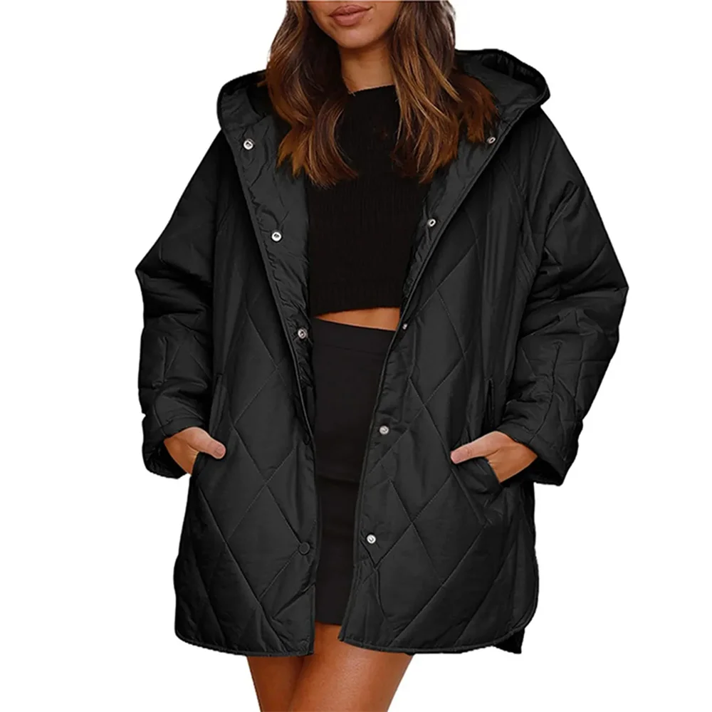 

Fashion Winter Down Jacket For Women Business Casual Diamond Quilted Hooded Coat Lightweight Oversize Padded Jackets For Women