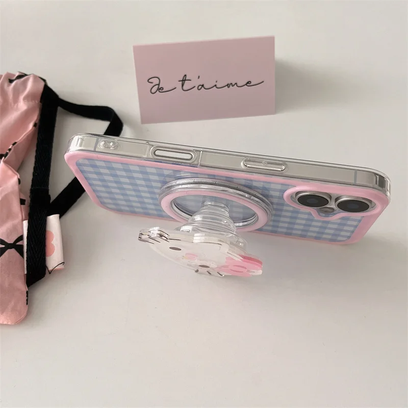 لطيف الوردي الأزرق شعرية Magsafe حافظة شحن لاسلكية آيفون 16 15 14 13 برو ماكس مضحك الكرتون كيتي القط هزة حامل مغناطيسي