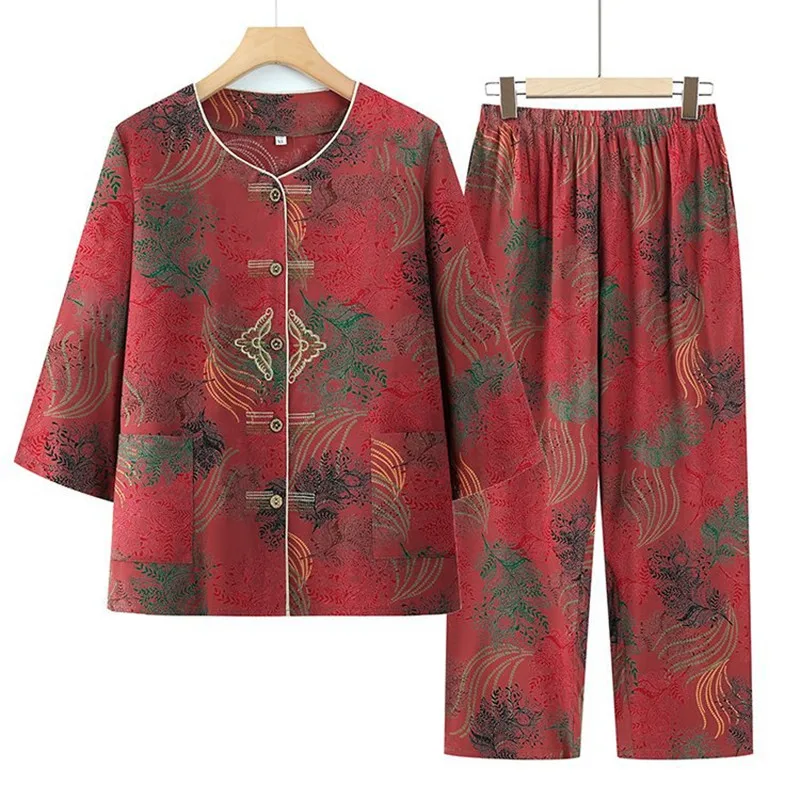 

XL-5XL красные пижамы для женщин, винтажные вязаные весенне-осенние комплекты из двух предметов для мам среднего возраста, верхняя одежда, домашняя одежда для бабушки