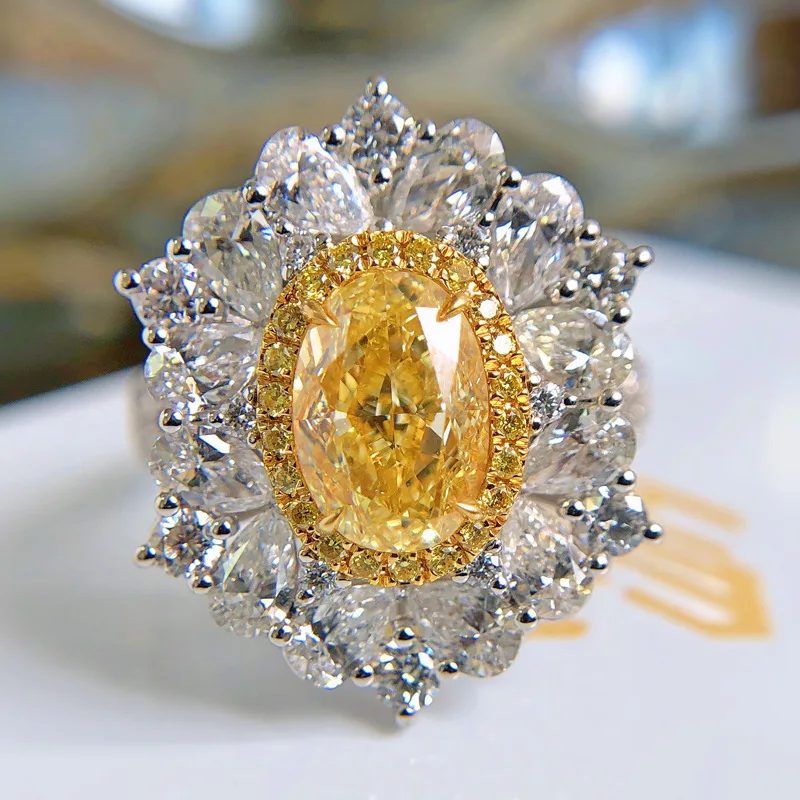 

New design carat large pigeon egg ring, luxury inlaid with synthetic Ascher yellow diamond colored jewelry