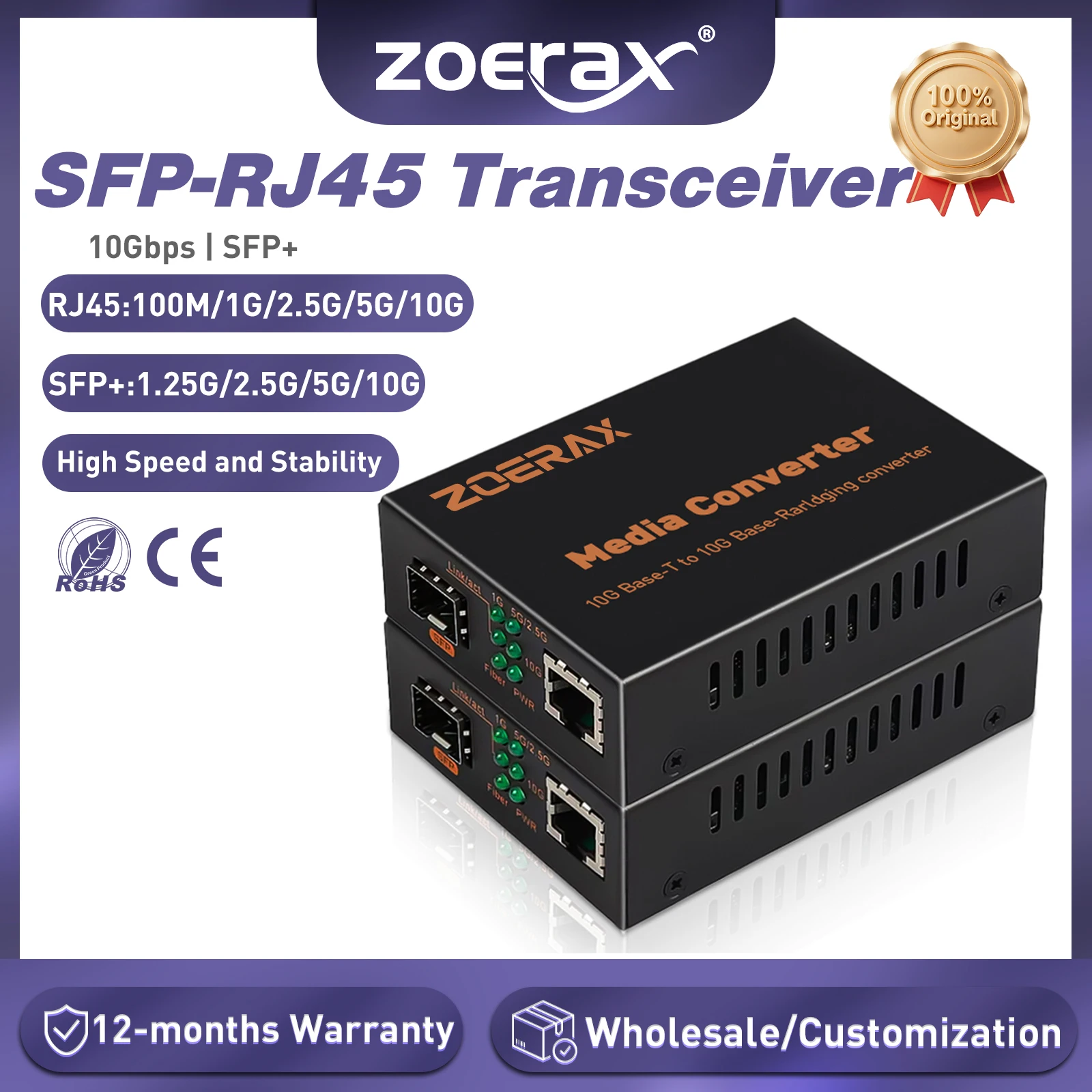 ZoeRax 10 Гбит/с SFP + оптоволоконный медиаконвертер RJ45 в SFP + 1,25G/2,5G/5G/10G Ethernet-конвертер приемопередатчик