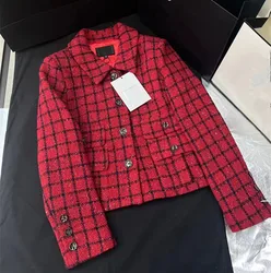 Europe and the United States women's 2024 winter new Long sleeve single breasted lapel red plaid fashion The tweed jacket