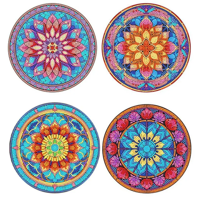 

ABUL-4Pcs DIY Diamond Art Painting Placemat Round Non-Slip Acrylic Table Mats For Table Decor Easy Install A