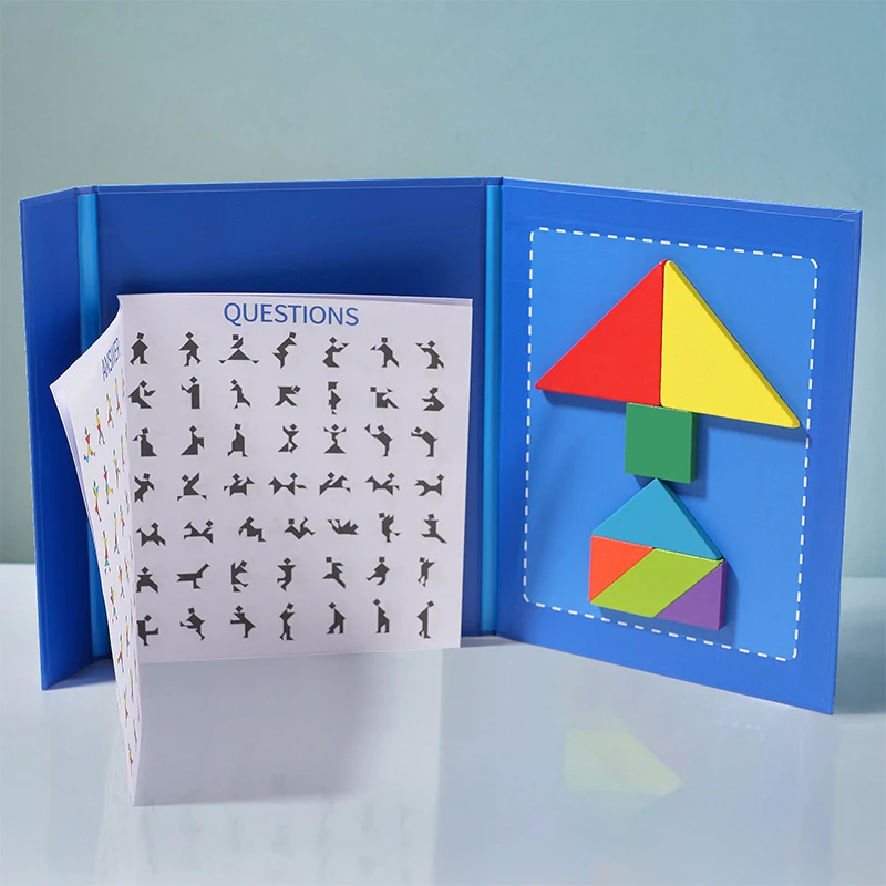 หนังสือปริศนาแทนแกรมไม้แม่เหล็ก เกมการเรียนรู้รูปทรงแบบมอนเตสซอรี่สำหรับเด็ก ของเล่นพัฒนาสมองสำหรับเดินทาง ของขวัญสำหรับเด็กชายและเด็กหญิง