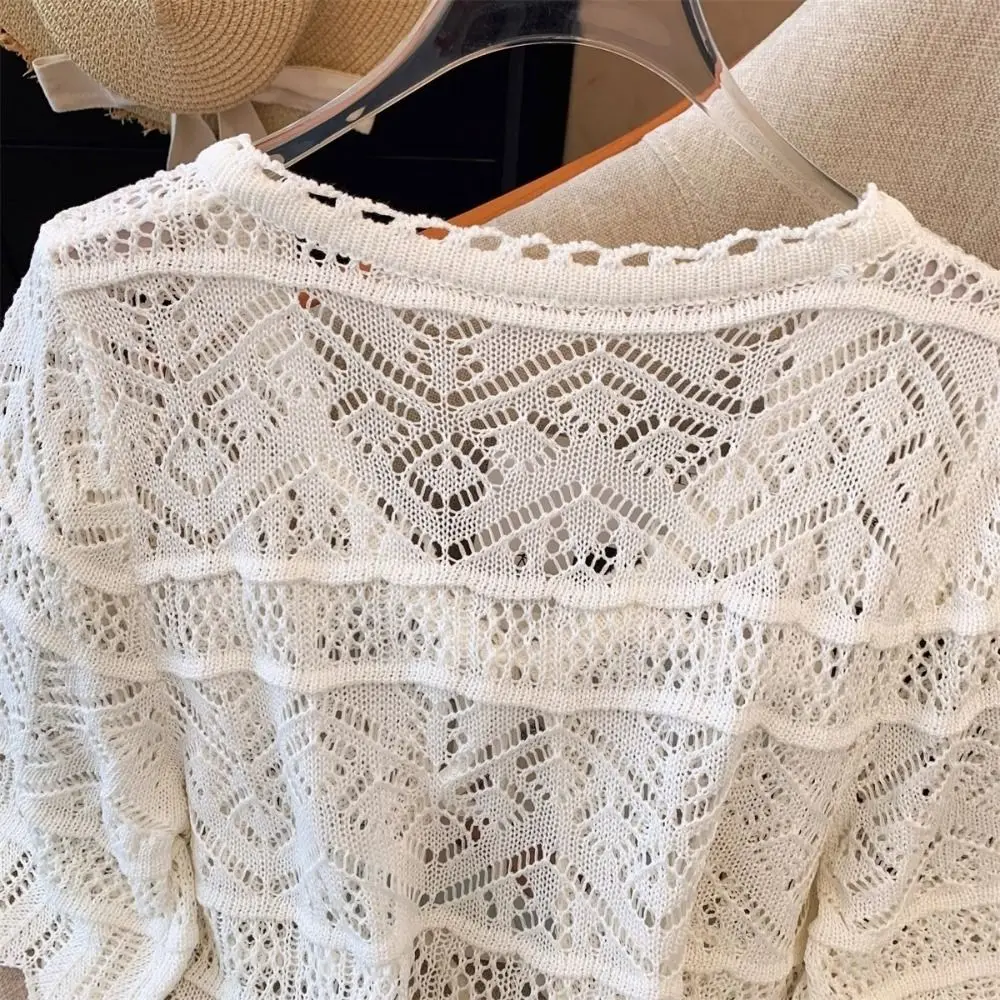 Fashion Flower Knitted Cardigan V-Neck Thin Short Sleeve Shawl Casual Hollow Out Sun-Proof Tops Summer