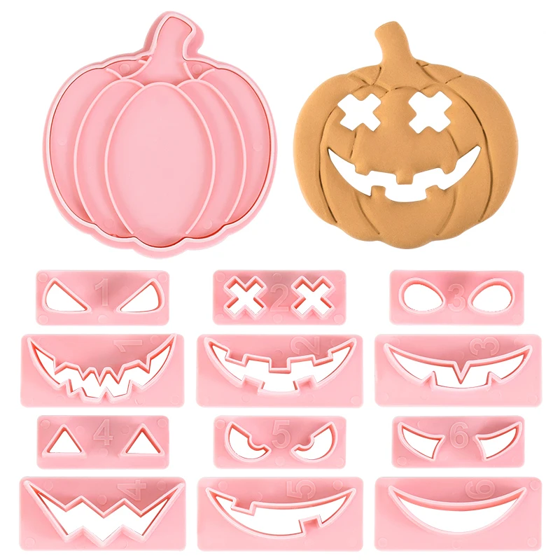 

13pcs Halloween Pumpkin DIY Eye Mouth Molds Plastic 3D Cookies Cartoon Pressable Biscuit Mold For Kids Kitchen Baking Supplies