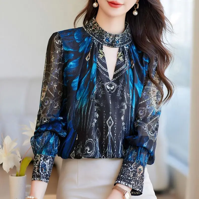 Spring Autumn Fashion Printing Stand Collar Shirts Women's Clothing Long Sleeve Diamonds Shirring Patchwork Popularity Blouses