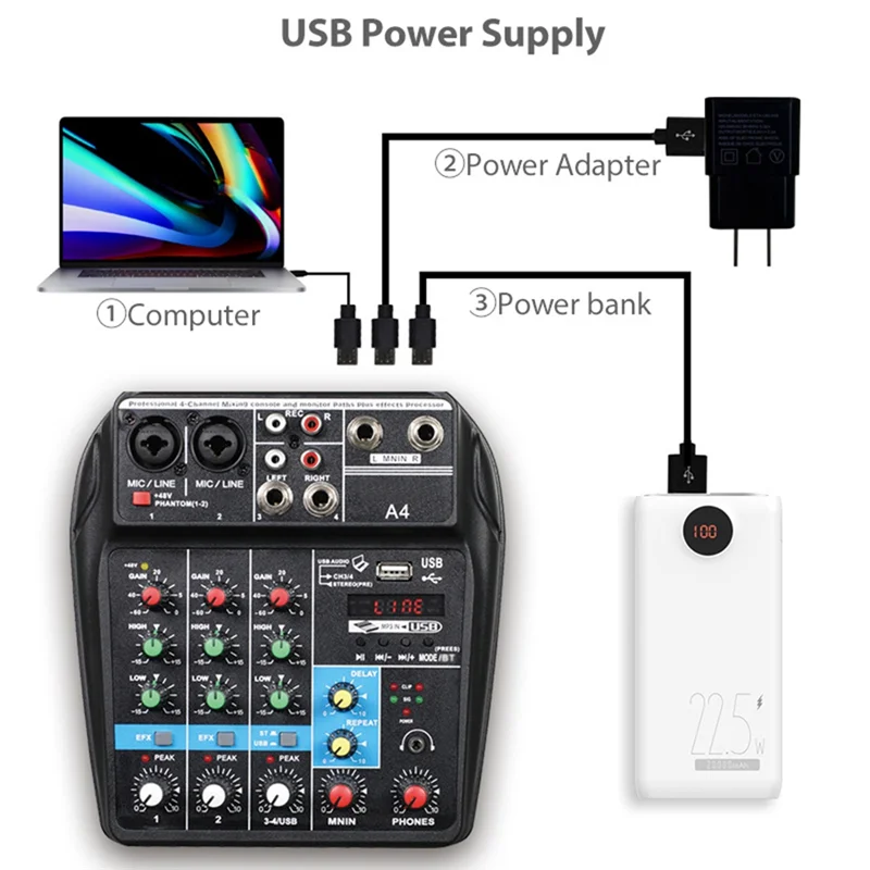-A99Z Professional 4 Channel Digital Mixer Sound Card Microphone Mobile Phone Live Broadcast Recording DJ Audio Equipment(US)