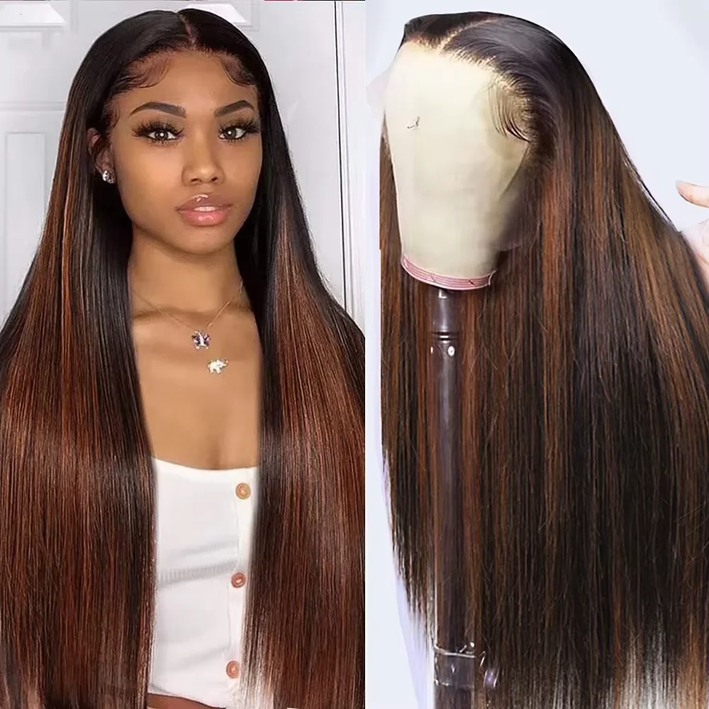 

FB 30 Colored Highlight Straight Full Frontal Human Hair 200 Density 13x6 HD Lace Front Human Hair Wigs 46 Inches