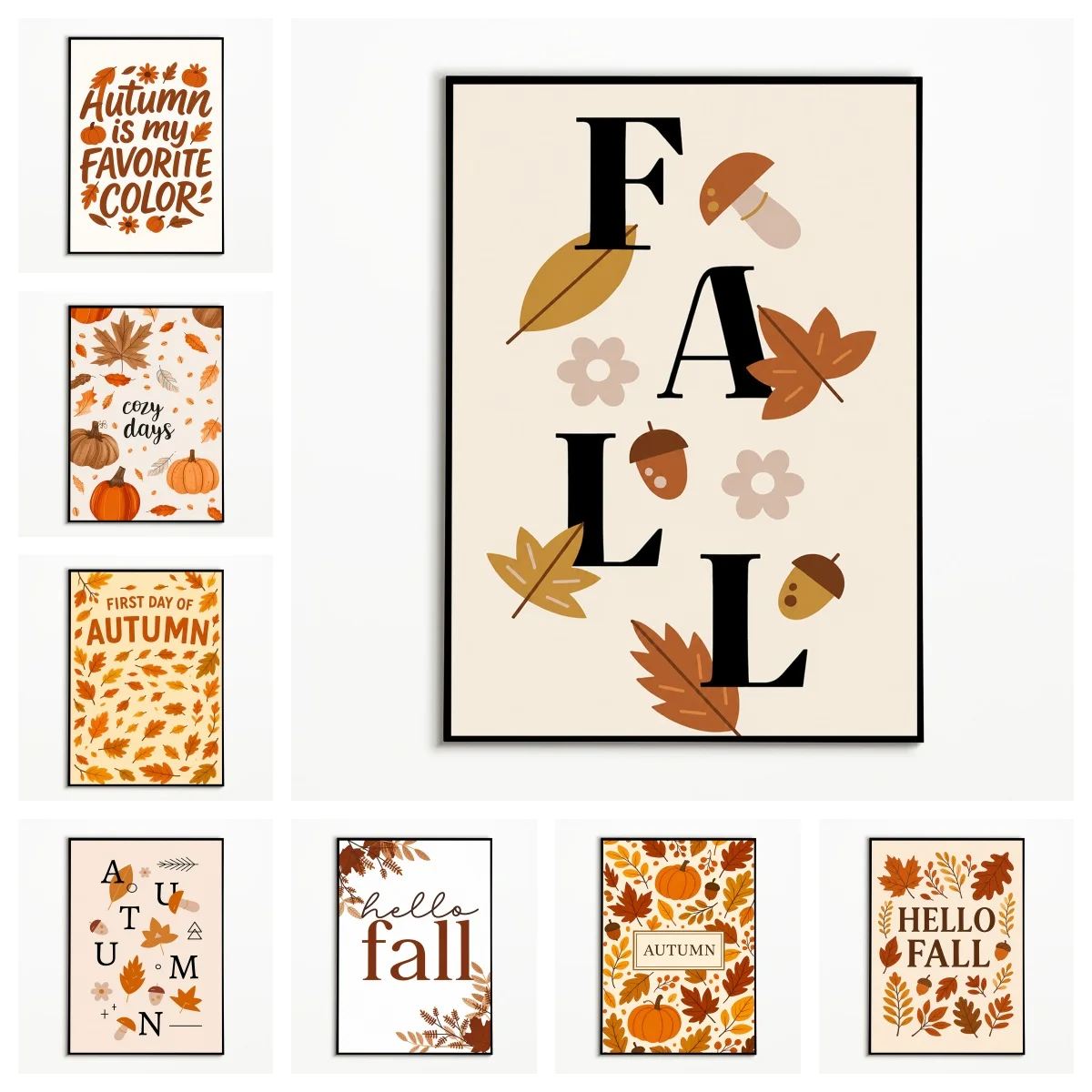 1PC Hello Fall Quote Poster Fallen‑leaves Pumpkin Wall Art Thanksgiving Halloween Canvas Printing Festival Gift Room Wall Dec