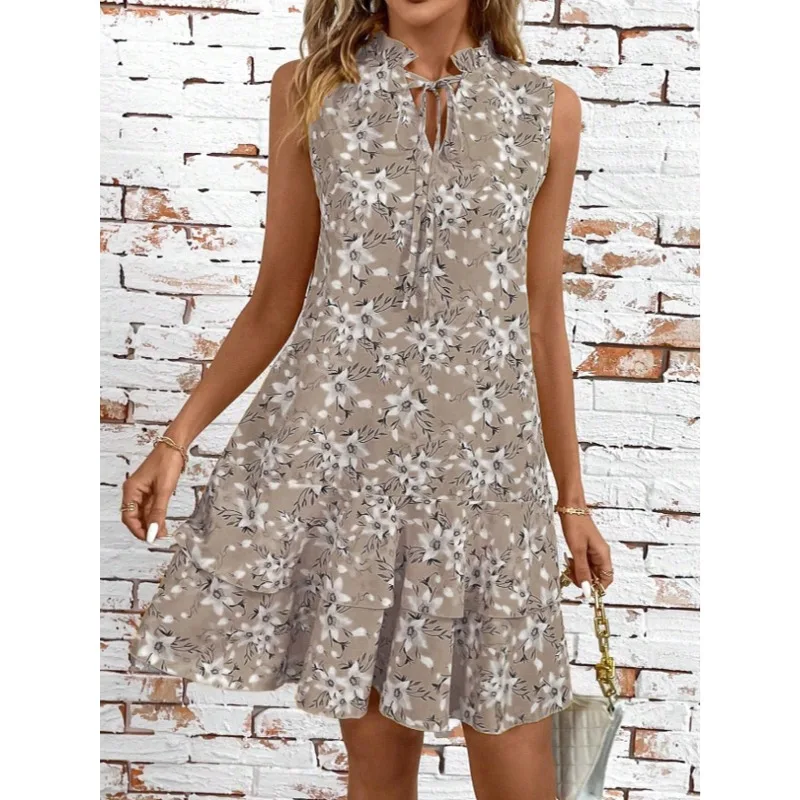 

Большие размеры 1XL-5XL, осенние новые женские платья без рукавов с круглым вырезом, повседневные женские платья для пляжного отдыха и отдыха с цветочным принтом