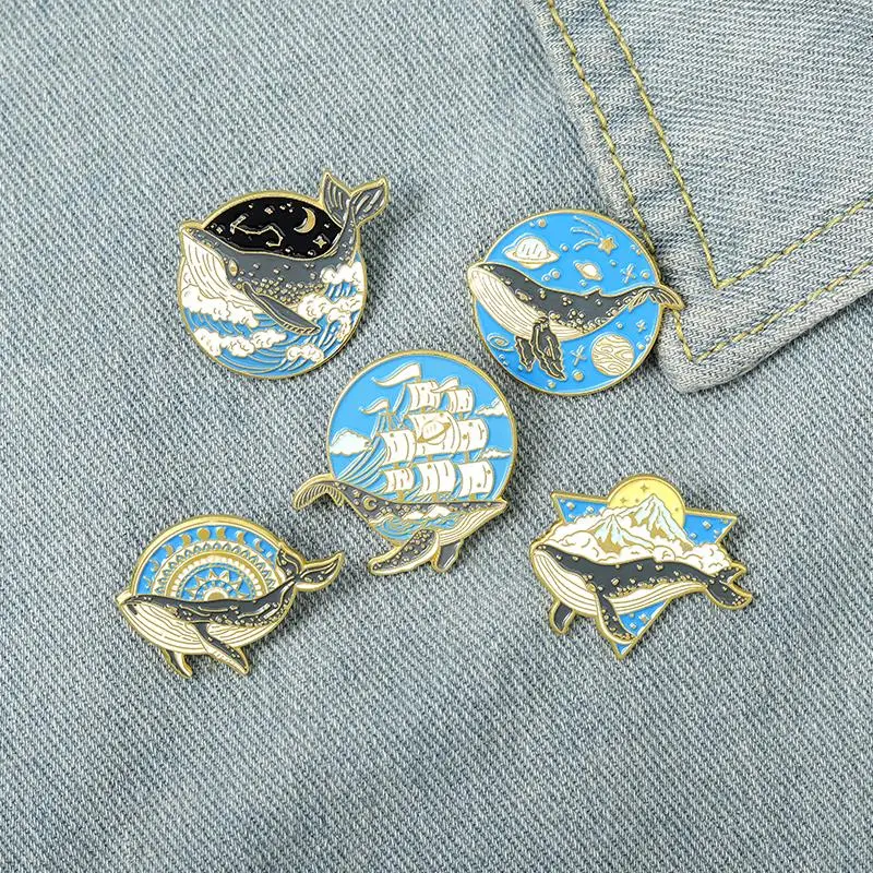 Pins Whale Sea Wave Sailing Adventure Brooch Lapel Badge Bag Explore Jewelry Gift for Kids Friend Ocean Animal Enamel