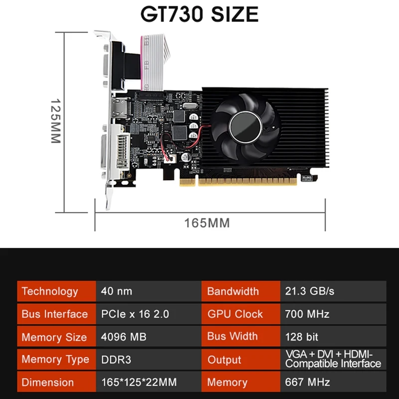 GT730 4G DDR3 128 Bit Graphics Card 700MHZ 40Nm PCIE 2.0 16X VGA+DVI+ -Compatible Video Card Accessories Replacement