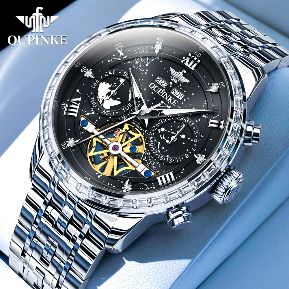 OUPINKE 3255 Mens Watch Luxury Business Tourbillon Automatic Mechanical Watch 50M Waterproof Watch Starry Sky Dial Free Gift