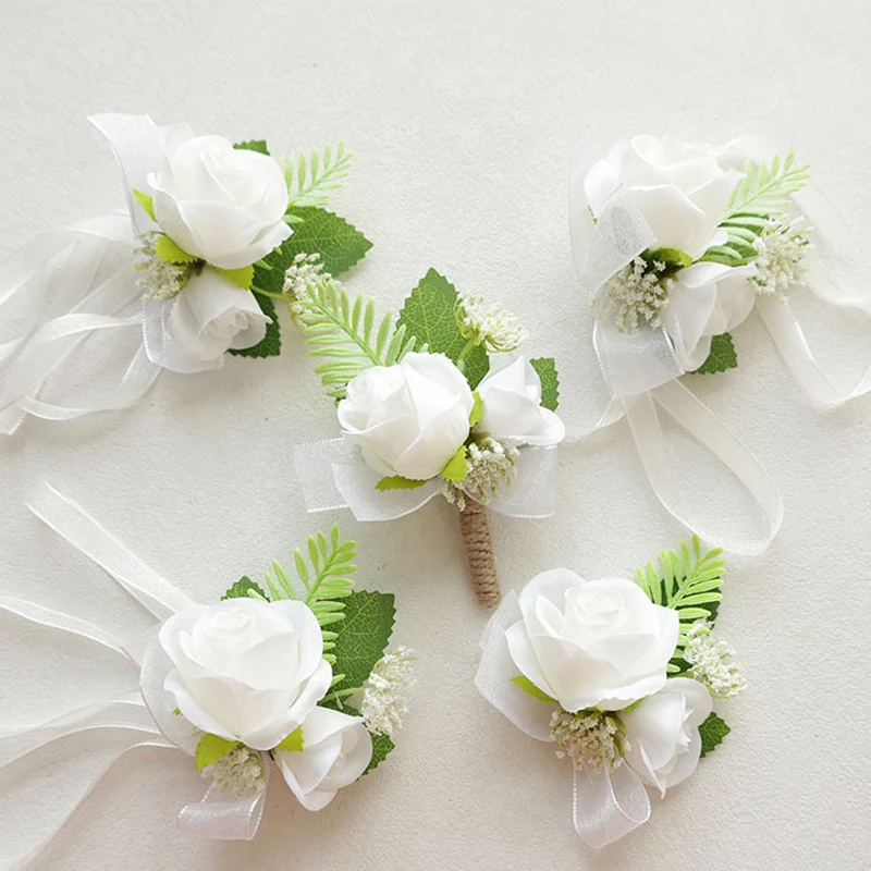 

371 White Bohemian Rose Flower Corsage & Wristlet - Perfect for Brides, Groomsmen, and Wedding Decorations