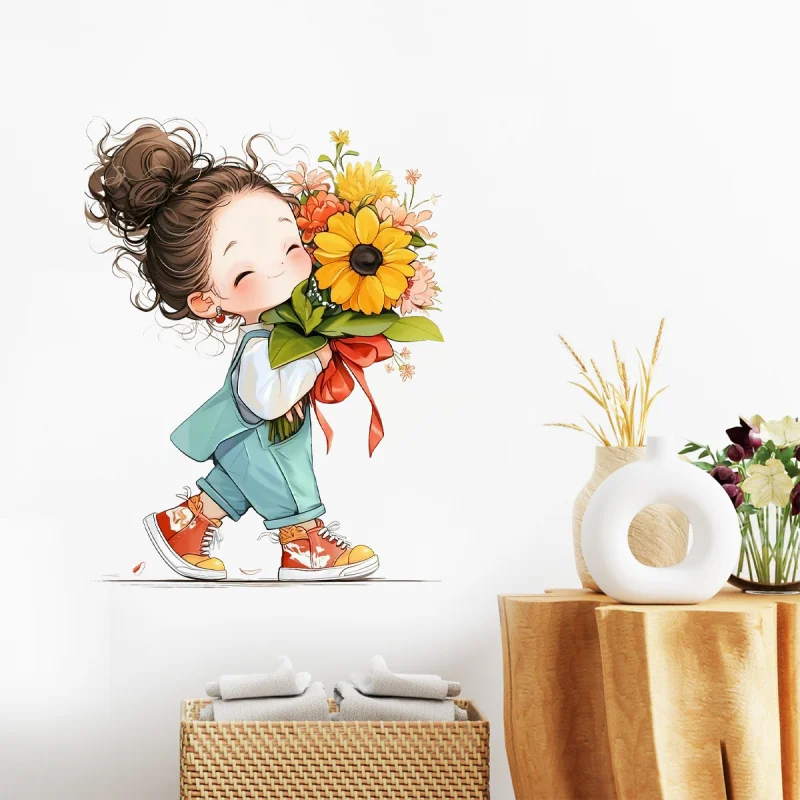 

Girl Holding Flowers Sticker Decorative Painting Cute Baby Sunflower Bedroom Embellishment Wallpaper Self-Adhesive Removable