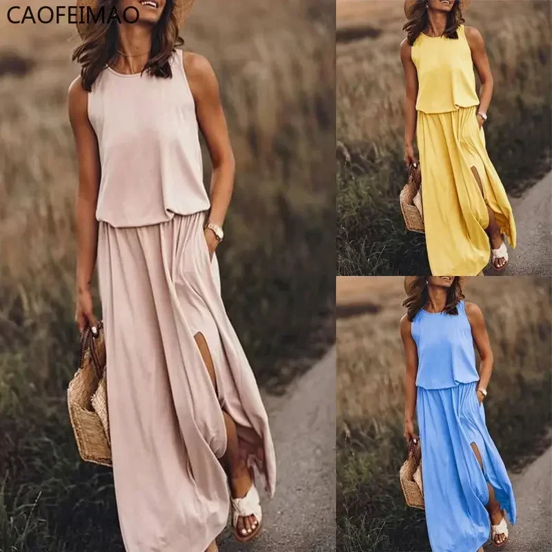 

Women Summer Sleeveless Split Long Dress Casual Solid Cotton Elastics Waist Elegant Maxi Dress Vintage Harajuku Loose Sundress