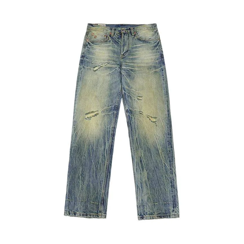 

Осенние желтые грязевые джинсы в стиле ретро 2025, мужские элитные модные винтажные дизайны, уличный прямой пирсинг, ностальгические брюки